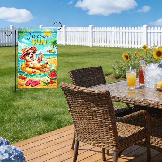 Nuxovilar Summer Garden Flag Fun In The Sun Beach Dog Float Pattern Polyester 12x18 Inches Garden Flags for Outside Playful Decor Yard Porch Pool