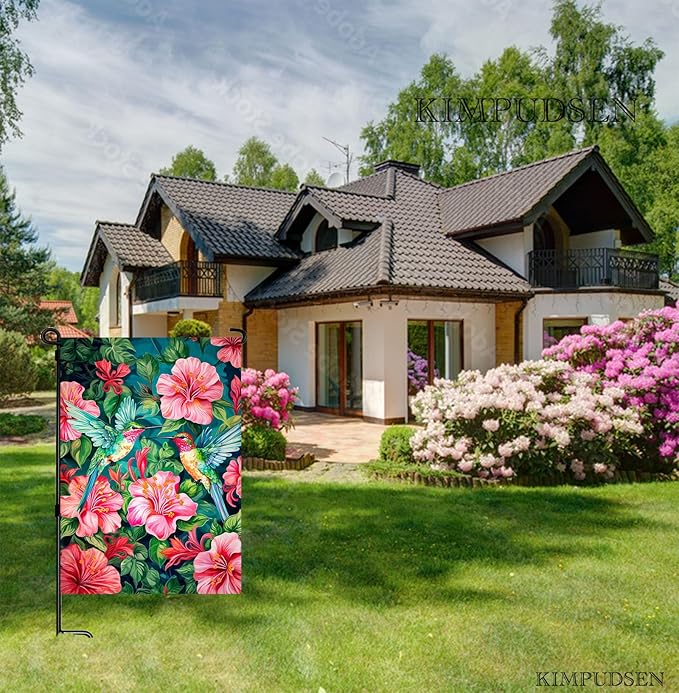 Spring Summer Garden Flag 12 x 18 Inch Double Sided, Colorful Hummingbird Floral Yard Flag Small Outdoor Decorative Flag for Garden Patio Lawn Decor