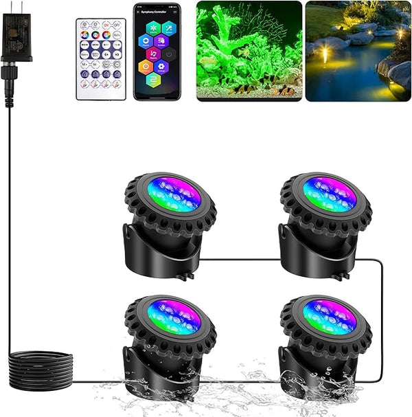 T-SUN Colored Pond Lights, Bright LED Underwater Pond Light Submersible Fountain Lights APP and Remote Control,Dimmable,Timer, IP68 Waterproof Fish Tank Light for Aquarium Fountain Garden (4-Head)