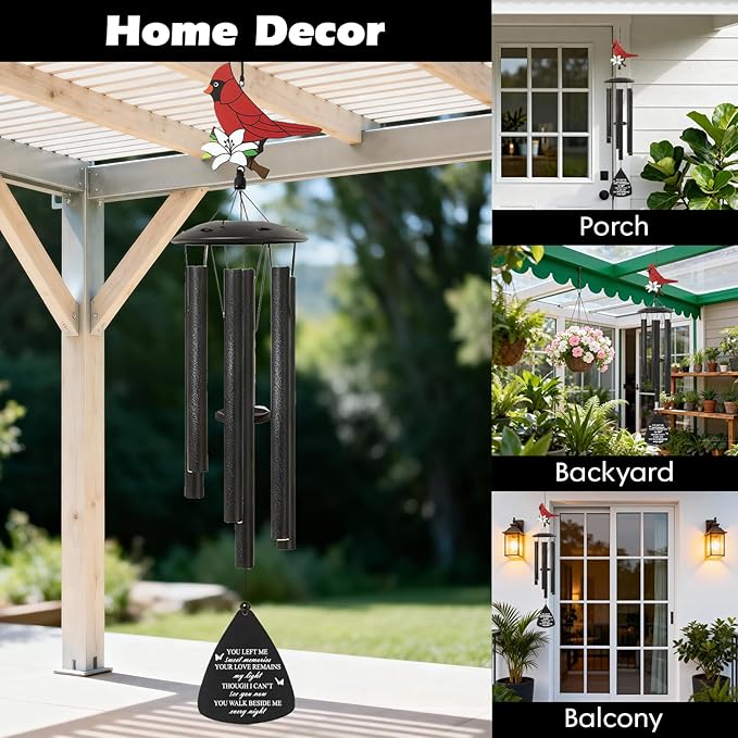 Cardinal Bird Sympathy Wind Chimes, Memorial Wind Chimes for Loss of Loved One Prime, Bereavement/Sympathy/Memorial Gift for Loss of Mother Father Husband Condolence (Black)