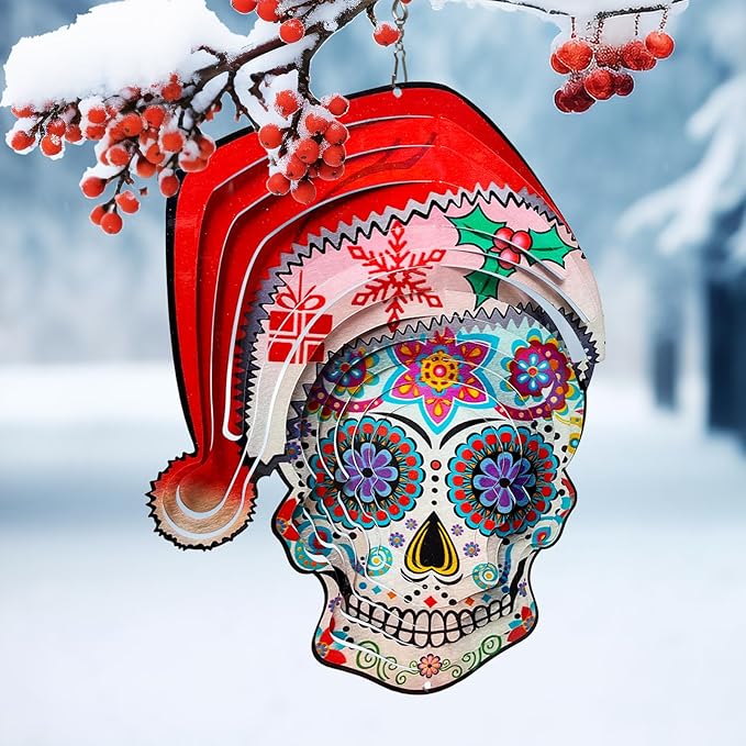 FONMY Santa Sugar Skull Wind Spinner Kinetic 3D Metal Garden Wind Sculpture Unique Gifts Christmas Decorations Quality Hanging Ornament for Home and Garden Indoor/Outdoor 12inch Mandala Wind Spinners