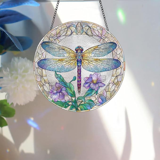 Bimkole Dragonfly Stained Glass Suncatcher Window Hanging - Flower Indoor Window or Doorway Decoration - Handmade Sun Catcher Decor for Garden Home Christmas & Birthday Gifts 7.87x7.87 inch