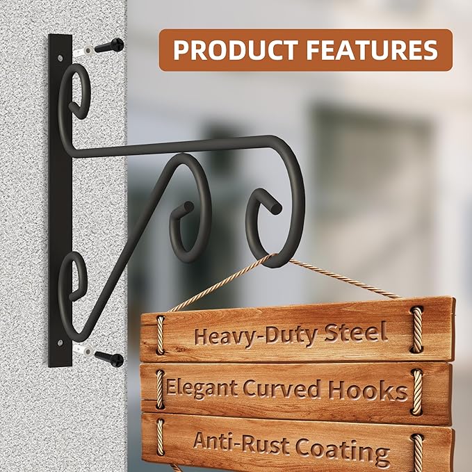 PROWORX 4 Pack 16 Inch Plant Hangers Outdoor Bracket, Indoor Wall Mount Metal Heavy Duty Rust-Resistant Bird Feeder Plant Hooks for Hanging Planters, Flower Baskets, Black