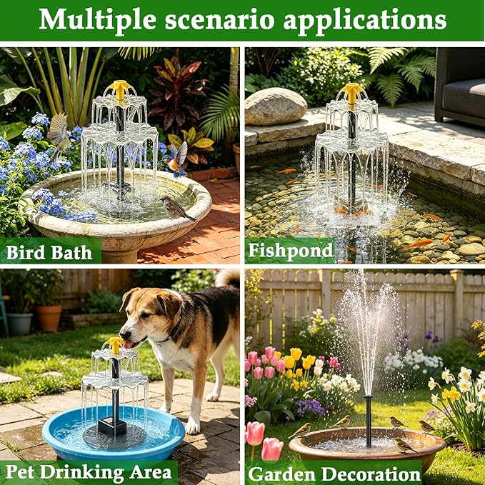 Solar Water Fountain, Upgrade Solar Fountain Pump Kit with 4 Nozzles & 9.94ft Cable, Outdoor 2w Solar Fountain for Bird Bath, Garden, Pool, Pond