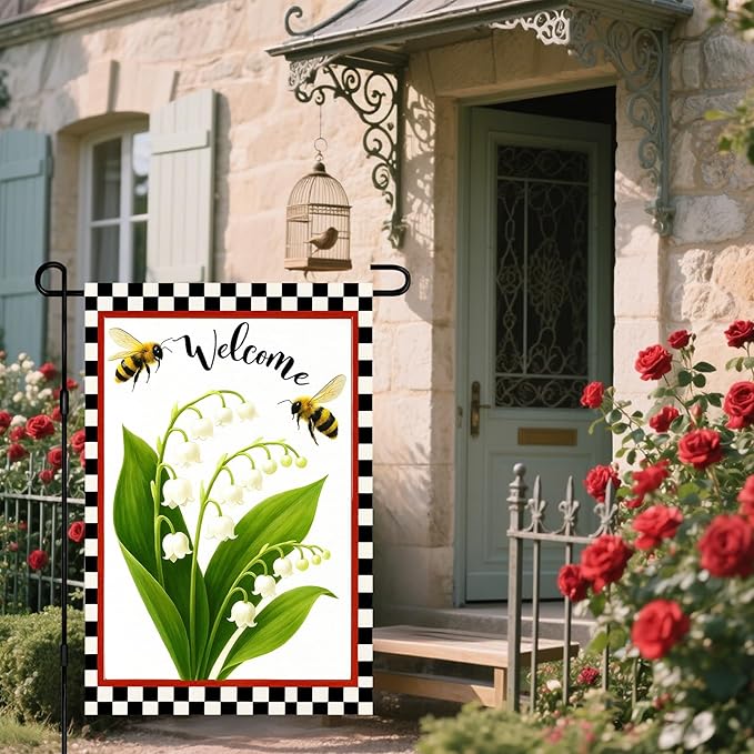 IVN Welcome Garden Flag 12x18 Inch Double Sided Spring Summer Garden Yard Flags Lily of the Valley Bees Decorative Small Flags for Outdoor Seasonal Front Door Lawn Porch Patio Decor Yard Flag
