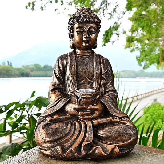 Outdoor Buddha Statues Solar Light: Desk Zen Garden Deor for Outside Patio Home Decoration Meditation Sculpture Room Decor Indoor Meditating Figurine Yard Lawn Ornament
