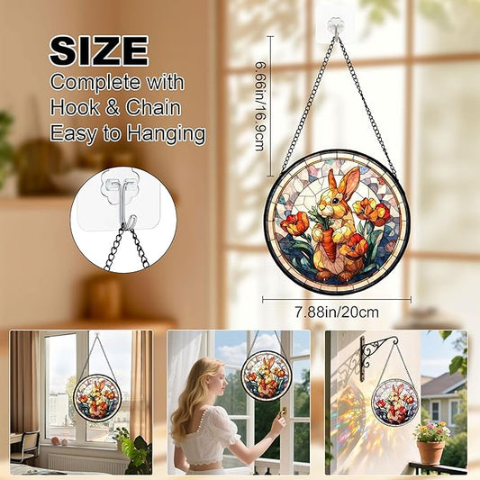 7.88'' Stained Glass Window Hanging, Colorful Rabbit Sun Catchers Glass Panel Flowers Bunny Suncatcher Decor with Hook Chain for Mother's Day Birthday for Women, Men, Wife, Aunt, and Mom