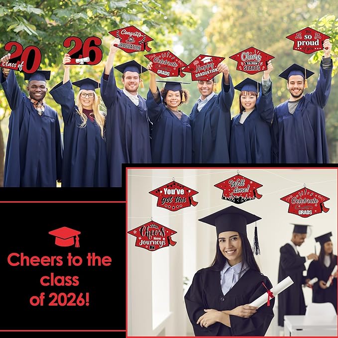 16 Pieces 2026 Graduation Yard Signs Plastic Congrats Grad Decor with 32 Stake and Ribbon Graduate Cap Hanging Yard Sign for Party Outdoor Lawn Pathway Walkway Decorations(Red)
