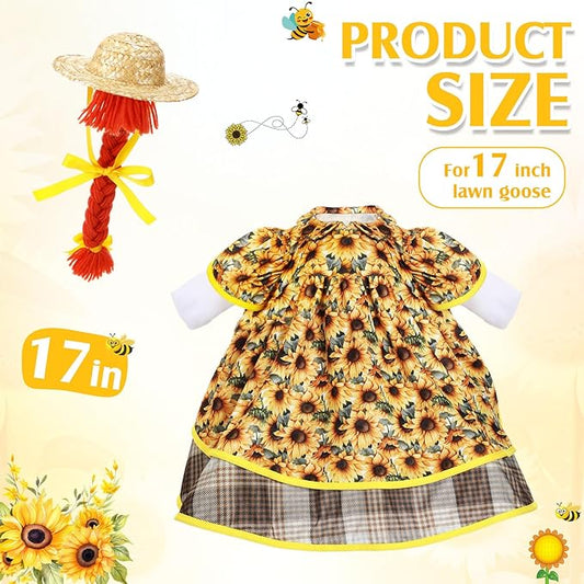 FuWeave Spring Goose Outfit Sunflower Lawn Porch Cement Goose Sunmer Clothes Skirts Hat Wig Forgarden Outdoor Patio Yard Statue Art Decor(Sunflower,17 Inch)