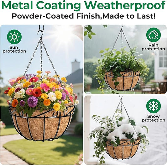 AMAGABELI GARDEN & HOME 4 Pack 12 Inch Metal Plant Hanging Baskets Planter Flower Pots Outdoor Indoor Wire Hanging Basket for Vegetable with Coco Fiber Liners for Garden Home Porch Decor