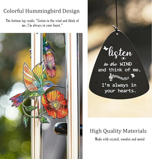 YU FENG Memorial Wind Chime with Crystals for Outdoor Garden Decor – Colorful Hummingbird with Memorial Tag, 34 Inch