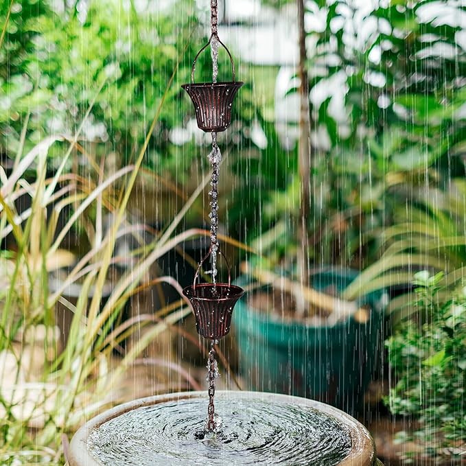 Invech Adjustable Rain Chains for Gutters, 12.5FT Outside Rain Chains with 12 Cups, Bronze Rain Catcher Chain with Bell for Eaves Drainage, Replacement for Downpout