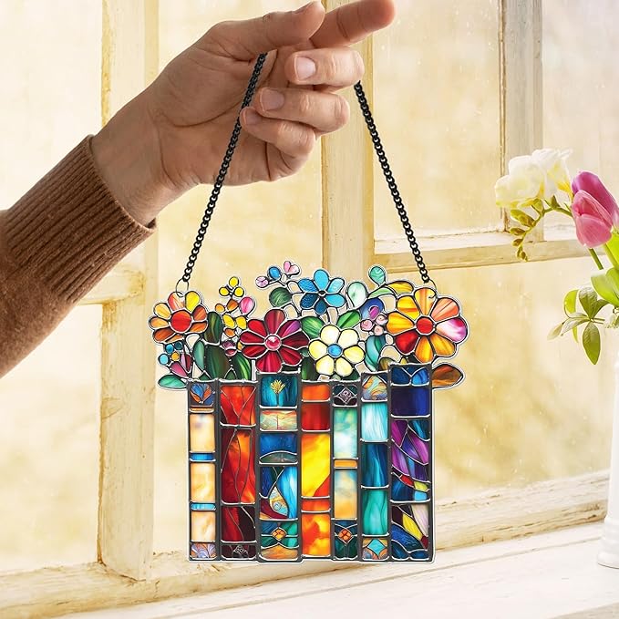 2 Book Floral Shelf Suncatchers 6" Window Hanging Acrylic Ornaments Back to School Teacher Appreciation Gift, Xmas Book Lover Gifts for Women Librarian Readers Bookshelf Decor Stocking Stuffer SS345