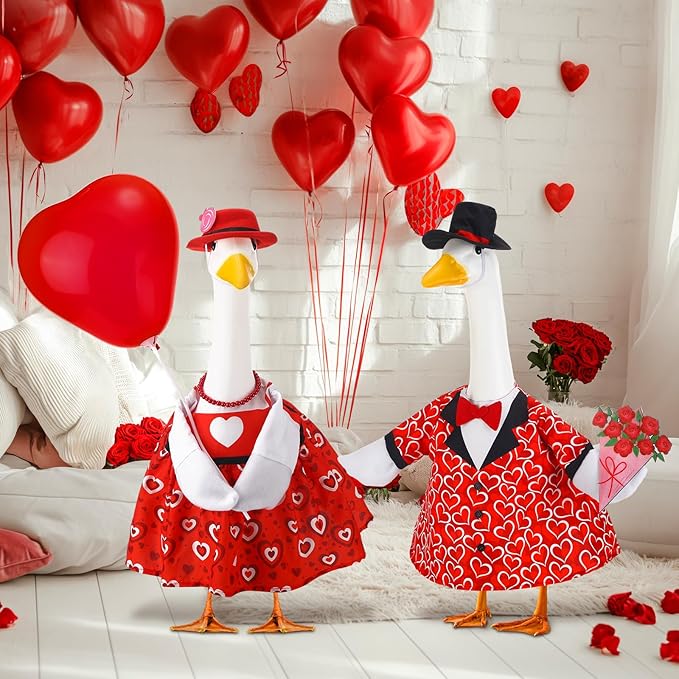 Abbylike 2 Sets Wedding Porch Goose Outfits Red Heart Porch Yard Goose Outfits Clothes Costume Fits Large 23'' Cement for Valentine's Day Garden Yard Statue Pathway Decorations