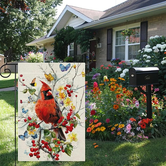 Spring Summer Cardinal Bird Butterfly Floral Garden Flag 12x18 Inch Double Sided, Welcome Yard Decor, Farmhouse Outdoor Flag for Lawn Patio Porch