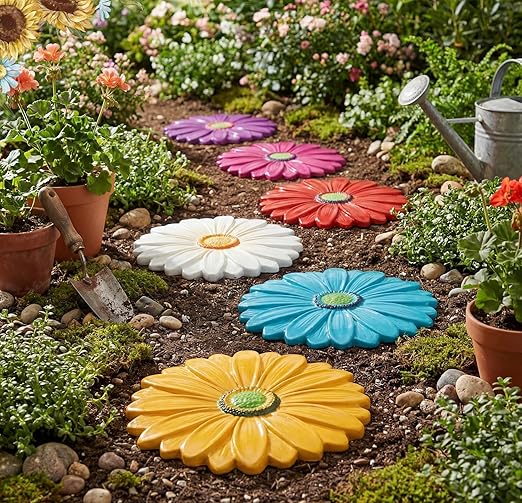 Landical 6 Pack Decorative Stepping Stones for Garden 10 Inch Cement Flower Stepping Stones Decoration for Patio Walkway Yard Outdoor (Daisy)