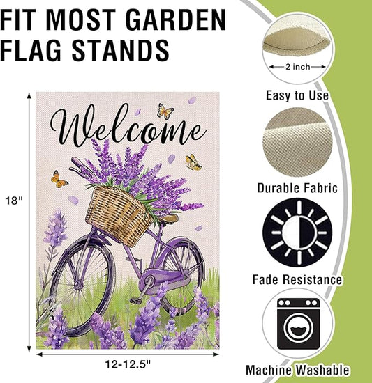 Artofy Welcome Spring Summer Bike Small Decorative Garden Flag, Bicycle Lavender Flower Floral Yard Lawn Outside Decor, Seasonal Butterfly Burlap Outdoor Home Decoration Double Sided 12 x 18