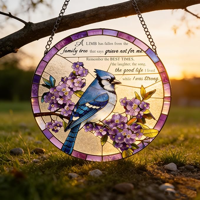 Stained Glass Window Hanging 7.8 in Memorial Ornaments with Poem Sympathy Gifts for Loss of Loved One Sun Catchers Indoor Window Bird Ornaments Suncatcher Decor