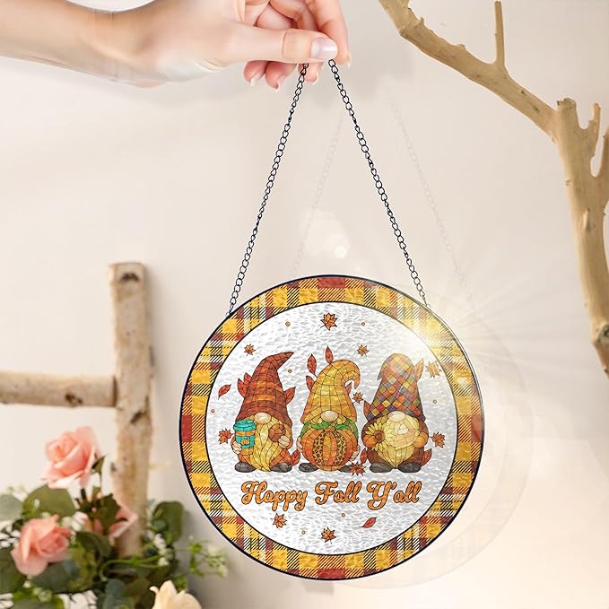 FLAGWIX Fall Decorations for Home - Happy Fall Y'all Stained Glass Window Hanging 8 in - Thank You Gifts for Women Men, Gnomes Sun Catchers Indoor Window Garden Decor, Decorations Sun Catcher