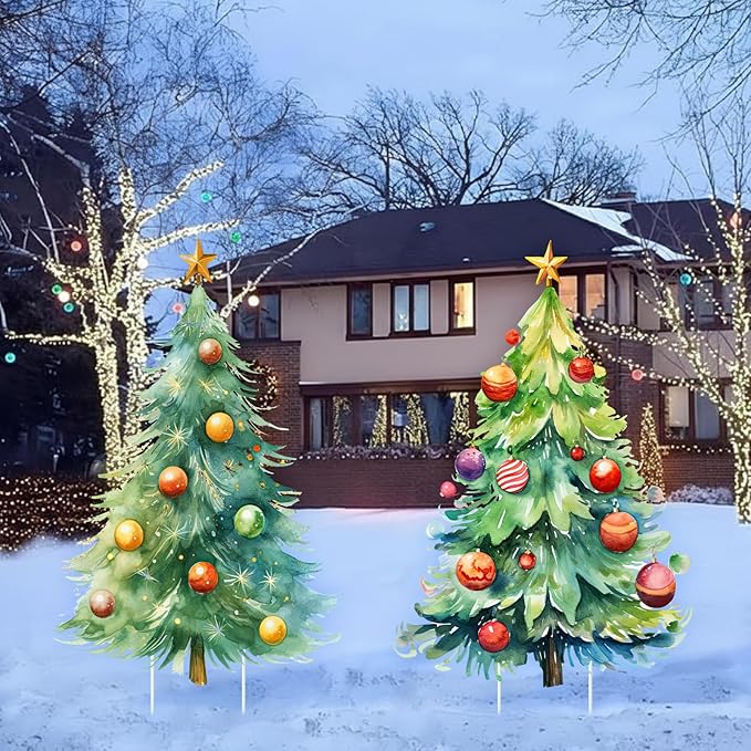 Geelin 2 Pcs Large Christmas Tree Sign Yard with Stake 2.62 ft Vintage Patio Lawn Decoration Outdoor Christmas Party Favor Ornament Garden Sign for Party Supplies(Watercolor Trees)