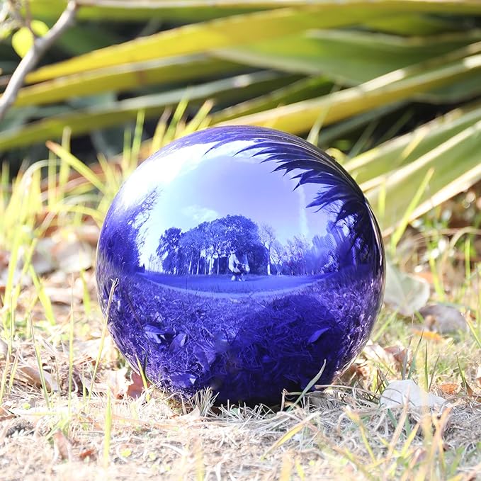 VCUTEKA Gazing Ball, Glass Mirror Polished Hollow Ball Reflective Garden Sphere, Gazing Globe for Home Garden Lawn Outdoor Ornament Yard Decorative, 10-Inch, IIndigo Blue