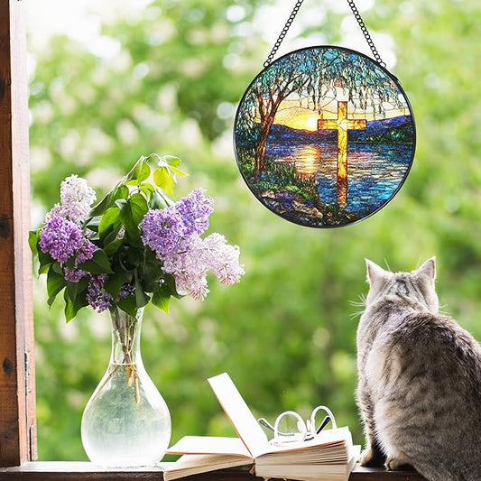 Cross Willow Tree Stained Glass Window Hanging Suncatcher, Christian Willow Sunset Sun Catcher Indoor Window Decor, Religious Painted Glass Round Wall Hanging Decorations, 7.8x7.8 in