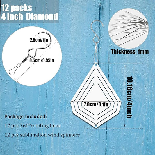 12 Pack 4inch Sublimation Wind Spinner Blanks 3D Aluminum Metal Wind Sculpture Kinetic Spinners for Yard Garden Indoor Art Ornaments Xmas Hanging Decoration (Diamond)