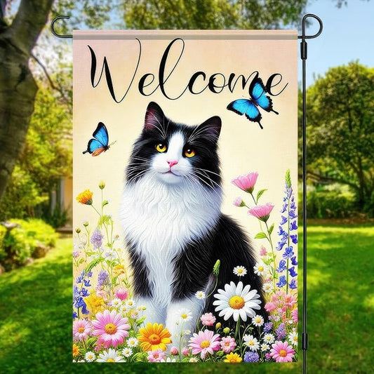 BlissYard Welcome Garden Flag Spring Summer Cat Garden Flag 12x18 Inch Double Sided Flags Black White Cat Floral Butterfly Outdoor Yard Lawn Porch Decor Banner