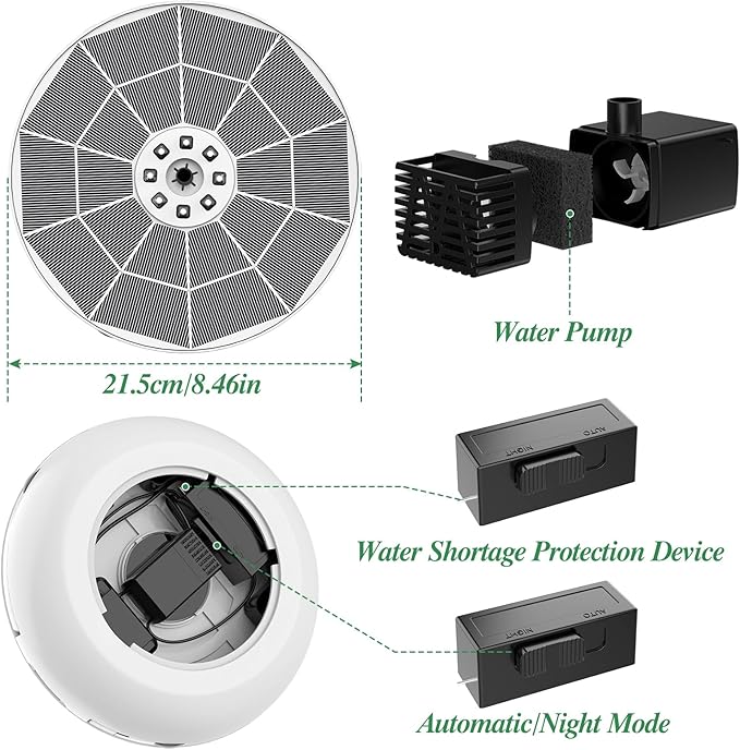 AISITIN 6.5W Solar Fountain Pump with Colorful LED Lights, 3000mAh Battery, Anti-Drift Brackets, 10 Nozzles, Remote Control, Solar Powered Bird Bath Fountain for Outdoor Garden Pond Fish Pond Backyard