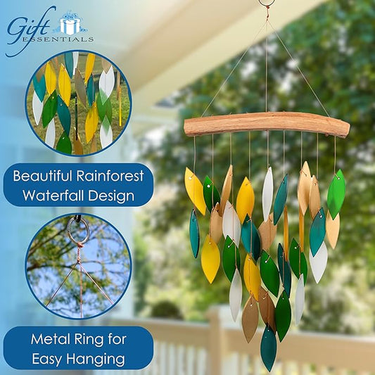 Blue Handworks Rainforest Waterfall Glass and Driftwood Chime, Sandblasted Glass and Found Wood Handcrafted Wind Chime