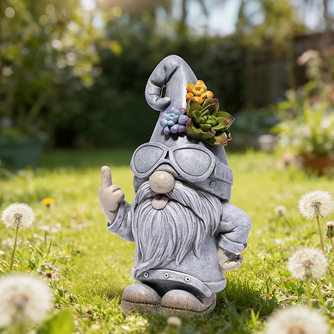 basen Funny Garden Gnome Statue, Resin Outdoor Lawn Yard Decor, Cool Sunglasses Gnome Figurine with Succulent Hat Accent, Weatherproof Patio Porch Backyard Decoration, Unique Gift Idea