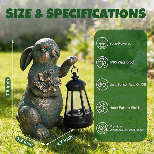Solar Garden Statues, Resin Bunny Statue w/Flower, Waterproof Figurine Rabbit Solar Latern for Outside Yard Outdoor Home Patio Lawn, Animal Lights for Adults Women Birthday Easter Gifts