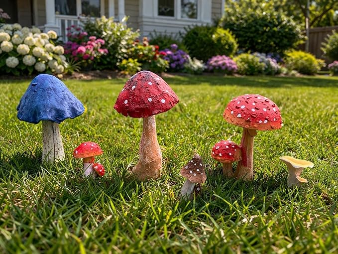 Miniature Resin Mushroom Decor for Fairy Garden – 6 PCS Colorful Mushroom Figurines, Yard Art Ornaments for Outdoor Garden, Bonsai & Terrarium Decorations(Large Bule Umbrella Mushroom)