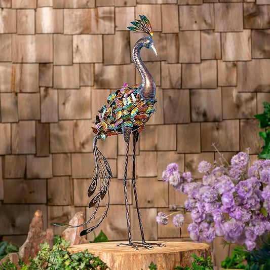 Evergreen Garden 35" Butterfly Peacock Garden Metal Animal Statues, Garden Decor Metal Yard Art for Lawn Backyard Party Wedding Decoration