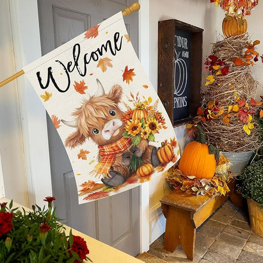 Heyfibro Welcome Fall Highland Cow Garden Flag 28x40 Double Sided Burlap, Autumn Pumpkin Sunflower Yard Flags for Thanksgiving Rustic Seasonal Outside Outdoor Decoration (ONLY FLAG)