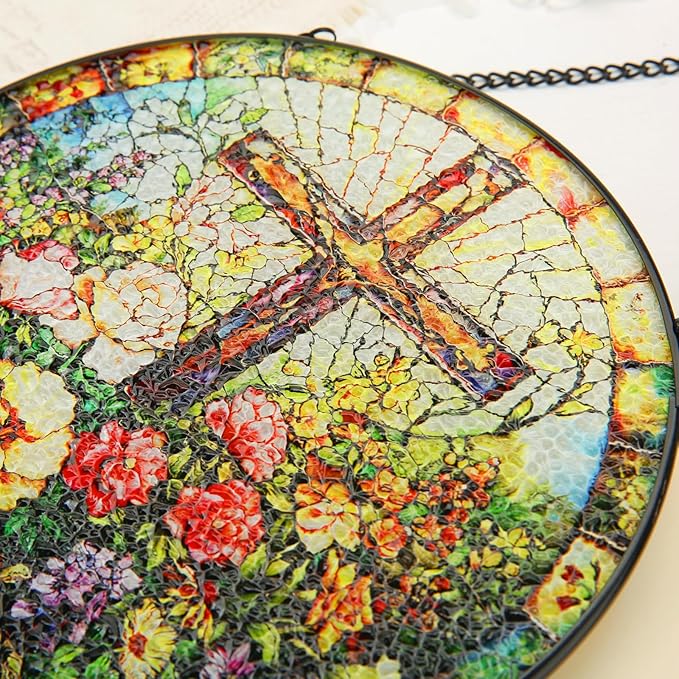 Stained Glass Window Hanging, 8inch Stained Glass Cross Suncatcher Christian Decor for Home Kitchen Office Garden Birthday Mother's Day Easter Religious Gifts for Women Grandma Grandparents