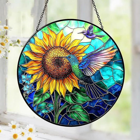 Hummingbird Stained Glass Suncatcher – Sunflower Window Decor, Memorial Hanging Ornament, Bird Lover Gift for Women Adults, Mom, Grandma, Friends, Christmas & Birthday Gifts, Mother’s Day Present