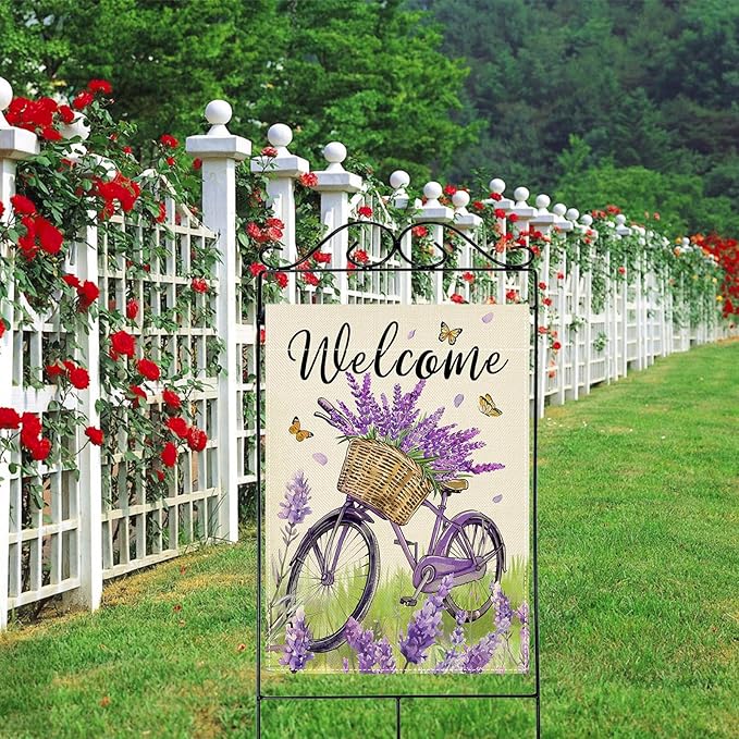 Artofy Welcome Spring Summer Bike Large Decorative House Flag, Bicycle Lavender Flower Floral Yard Garden Outside Decor, Seasonal Butterfly Burlap Outdoor Home Decoration Double Sided 28 x 40