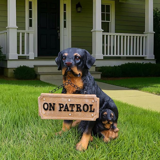 Rottweiler Dog Garden Statue with Solar Lantern & A Double-Sided Sign (Welcome/On Patrol), 11.4" Outdoor Resin Puppy Sculpture Yard Art Decor for Patio Lawn Porch, Dog Lover Gift
