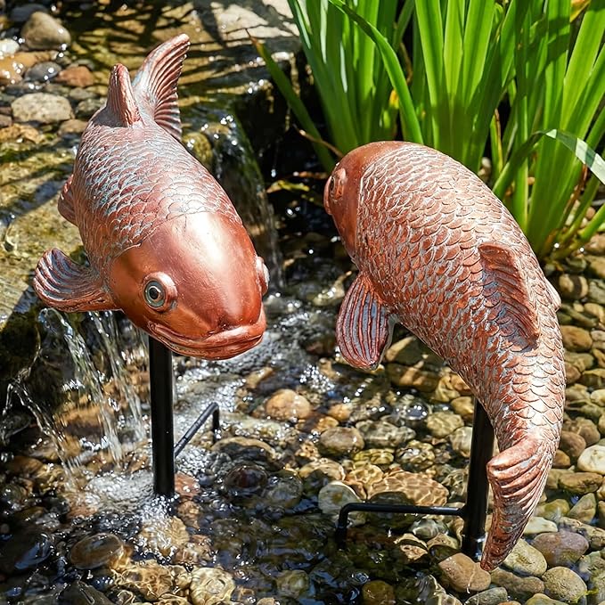 Koi Fish Decor, Set of 2 Antique Koi Garden Statues Art, Pond Accessories, Yard Pond Decor, Large Outdoor Garden Statues Ornaments, Real Fish Sculpture Art (10.8")