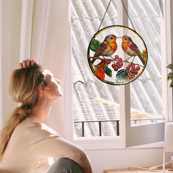 Robins Sun Catcher Stained Glass Window Hanging Suncatcher Indoor Window with Metal Chain, Birds Gifts for Women Mom Bird Lovers