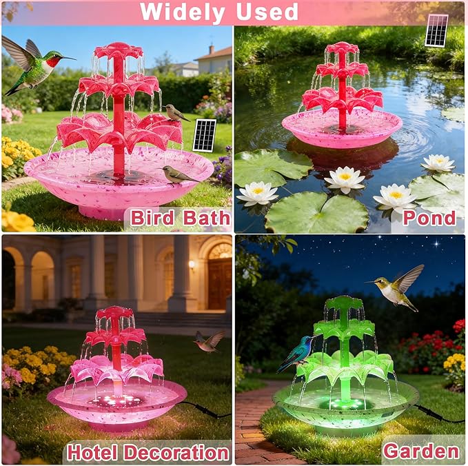 Yeomi Red 3-Tier Solar Fountain Pump with LED Lights, 24H Outdoor Water Feature, Detachable Design, Multi-Function Bird Bath Fountain for Garden Patio Yard Backyard Pond, 3.5W