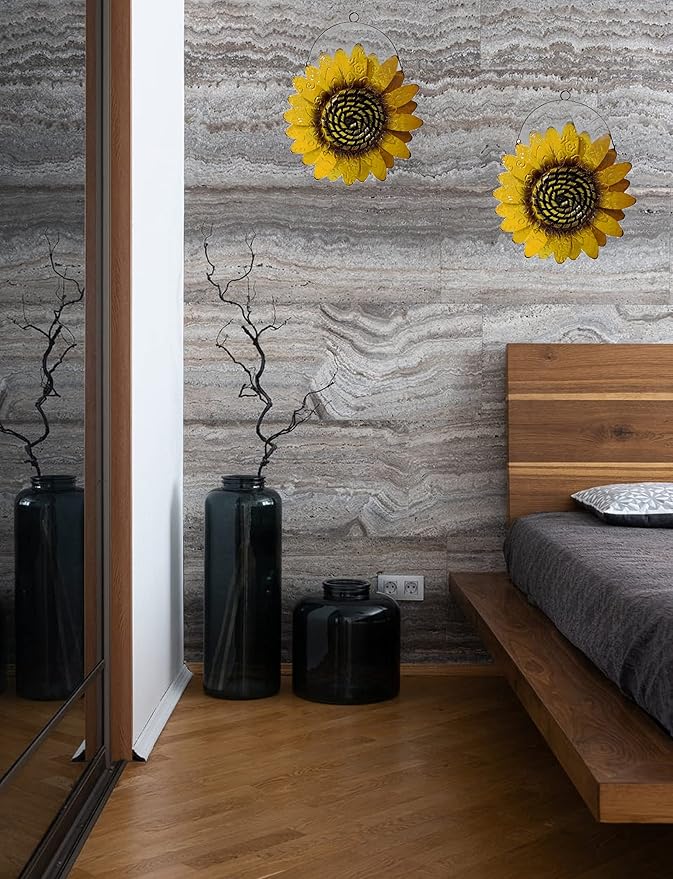 SeasonsEasy Metal Sunflower Wall Decor, Set of 2 Yellow Floral Wall Decoration with Wire Hanger for Living Room, Bedroom, Kitchen, Bathroom Decor, Outdoor Garden and Patio Wall Art