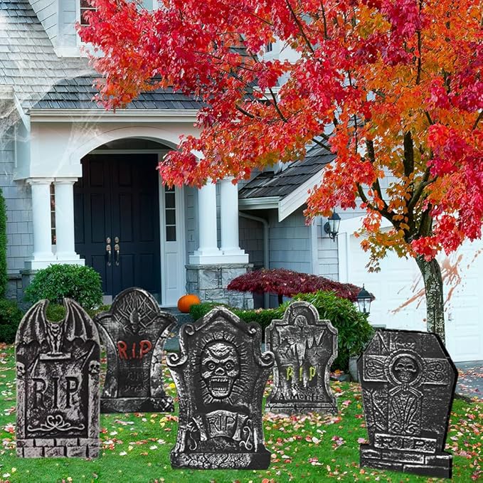 LUKBERA 5Pcs 17" Halloween Foam Tombstones, RIP Graveyard Tombstones with Bonus Metal Stakes Decorations for Halloween Lawn Yard Outdoor, Haunted House Decor