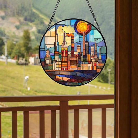 CHATYOUNG Stained Glass Window Hanging Abstract City Large 11.8" - Colorful Suncatcher Door Garden Home Decor and Christmas Mother's Day Birthday House Warming Gift for Grandma Mom Women Wife Friend