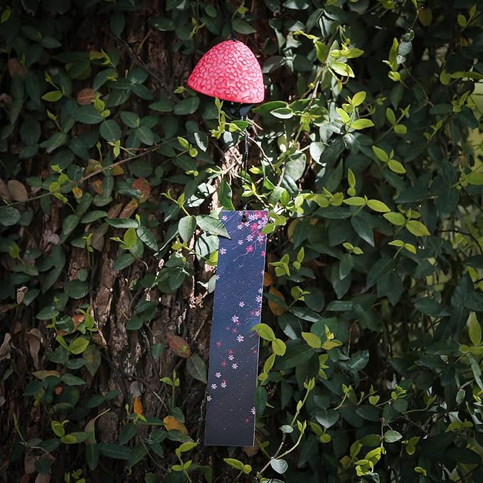Japanese Wind Chime Cast-Iron Outdoor Ornament for Garden, Patio & Balcony, Hanging Metal Wind-Bell Decoration Gift, Blessing Pendant Windchimes & PVC Wind-Catcher, Cherry Blossom