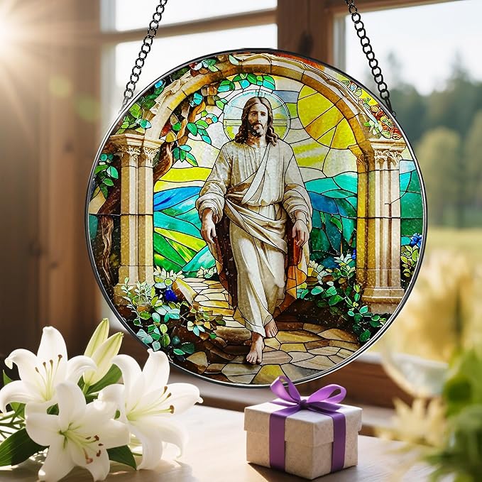 Stained Glass Suncatcher, Christian Sun Catcher Ornament; Stained Glass Window Hanging, Christmas Ornament, Religious Home Decor; Christian Gifts, Religious Gifts, Jesus Gift for Easter or Christmas