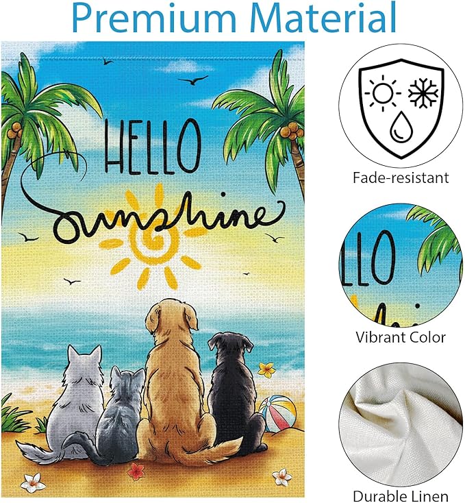 Summer Garden Flag Hello Sunshine Dog Cats Beach Double Sided Burlap 12x18 Inche for Porch Lawn Yard Outdoor and Home Decor