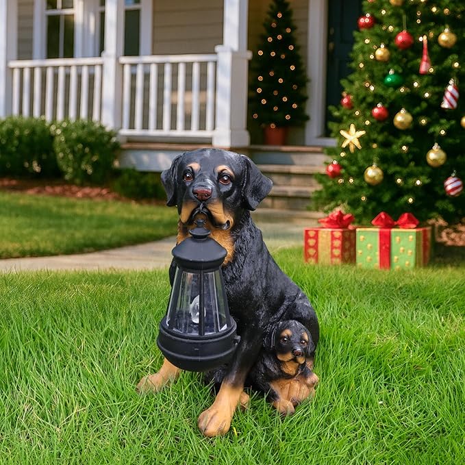Rottweiler Mother-and-Pup Family Welcome with Solar Lantern and Double-Sided Sign, Sitting Duo Statue for Porch Bench, Garden Path & Entry
