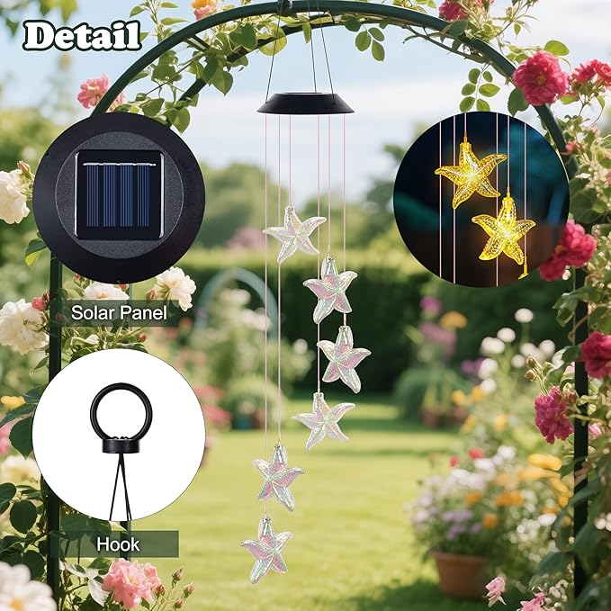 Starfish Wind Chime,Christmas Solar Wind Chimes for Outside,Waterproof Hanging Solar Lights 6 Color Changing LED Light Windchime Outdoor Decor Gift for Holiday Garden Porch Patio Yard Decor